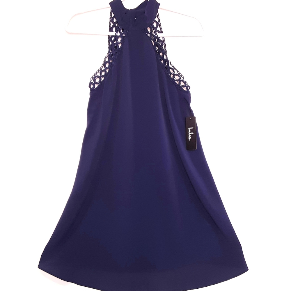 💎Lulu's Midnight Blue Lace Trim Halter Turtle Neck Evening Dress Size XS